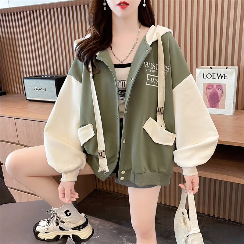實拍 加絨寬鬆連帽棒球服外套女秋冬小眾撞色拼接卡通刺繡開衫