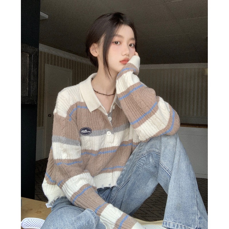 條紋毛衣女秋冬設計感小眾初秋長袖上衣寬鬆套頭軟糯短款針織衫