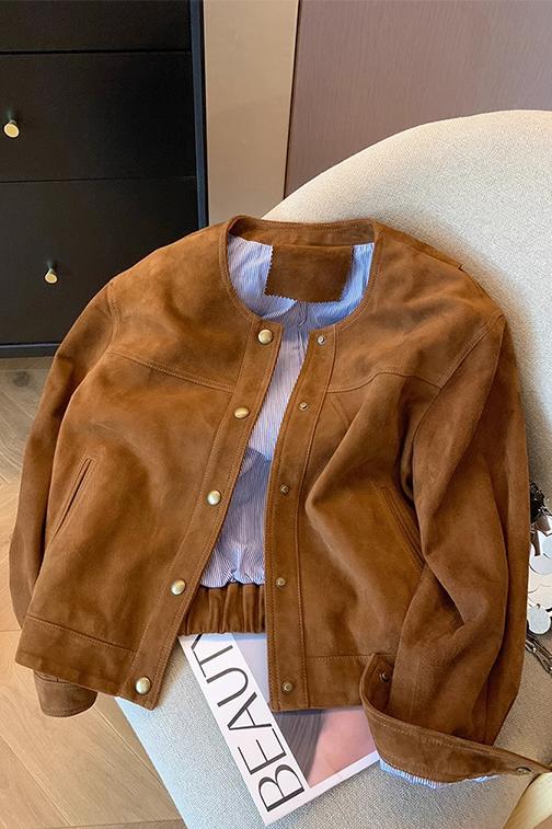 2023 Official Picture Suede Composite Milk Silk Retro Jacket Women's Spring and Autumn Loose Short Jacket Top