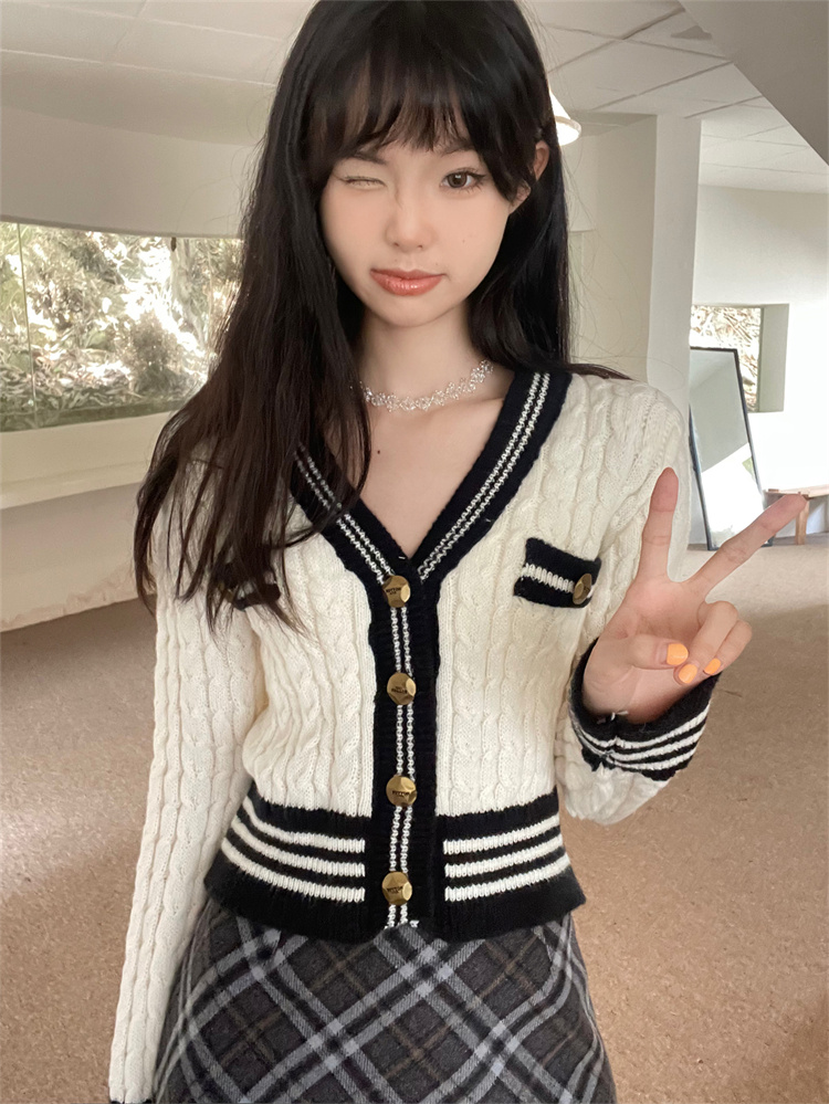 實拍小香風麻花毛衣開衫外套女氣質撞色v領短款針織上衣