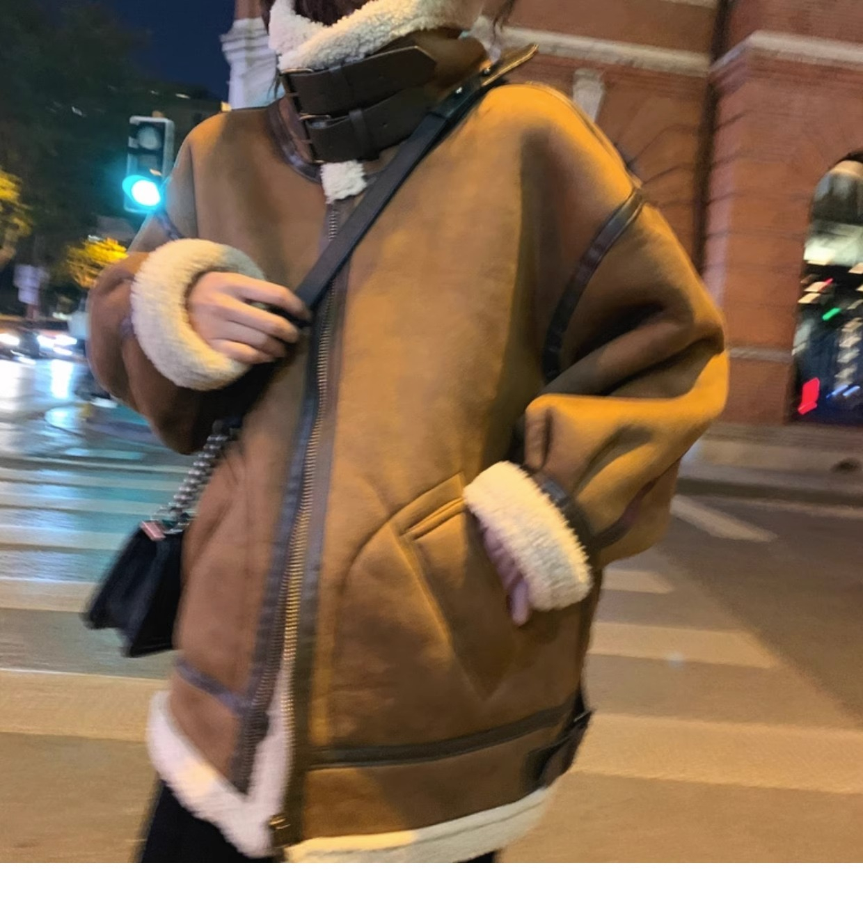 皮毛一體羊羔毛外套女2023新款冬季麂皮絨機車服夾克羊羔絨棉服