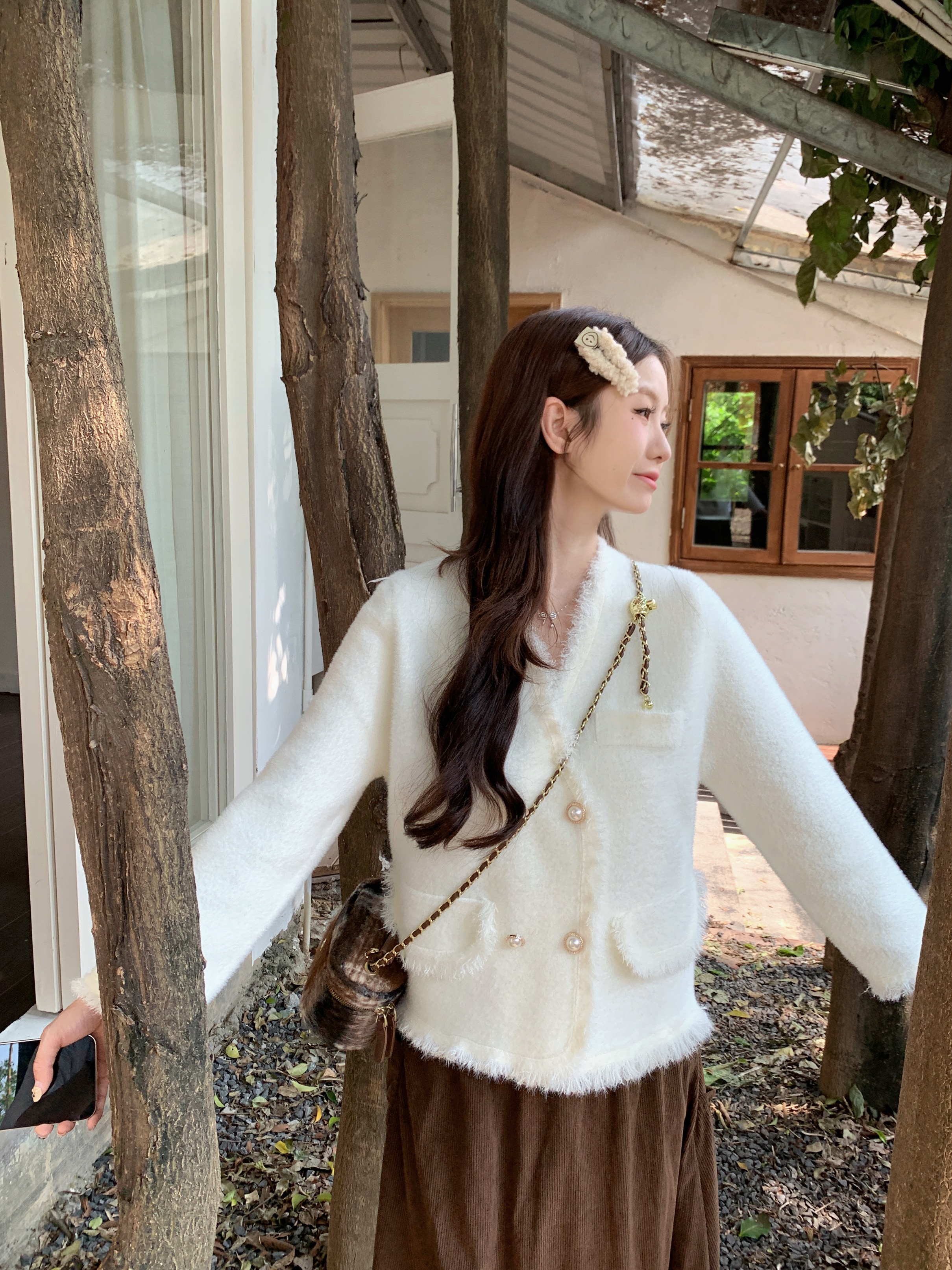 實拍 高級感小香風V領雙排扣流蘇水貂針織開衫毛衣外套