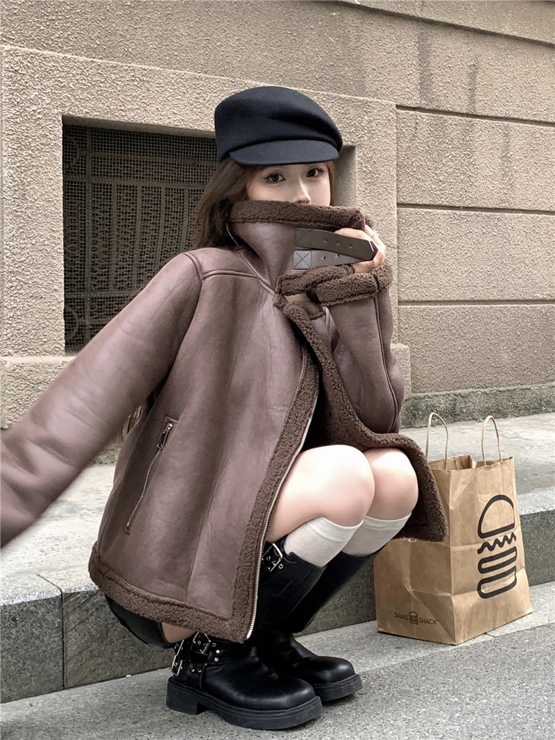 實拍秋冬復古美拉德皮毛一體羊羔毛加厚麂皮絨外套女