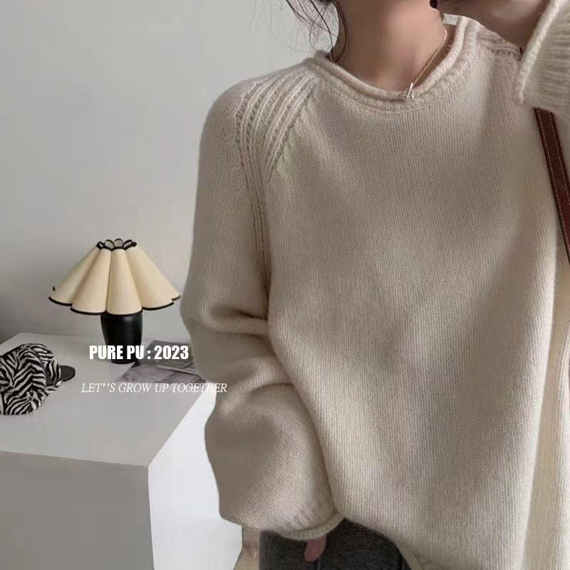 韓版卷邊軟糯粗針毛衣女早秋寬鬆慵懶風套頭針織衫小個子上衣加厚