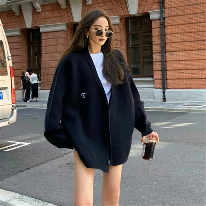 慵懶風毛衣外套女秋冬新款V領寬鬆外穿設計感小眾中長款針織開衫