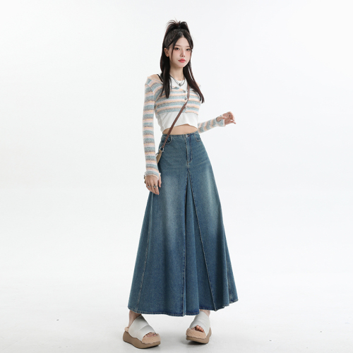 Real shot of retro washed denim skirt for women, autumn A-line large skirt, spliced ​​mid-length skirt