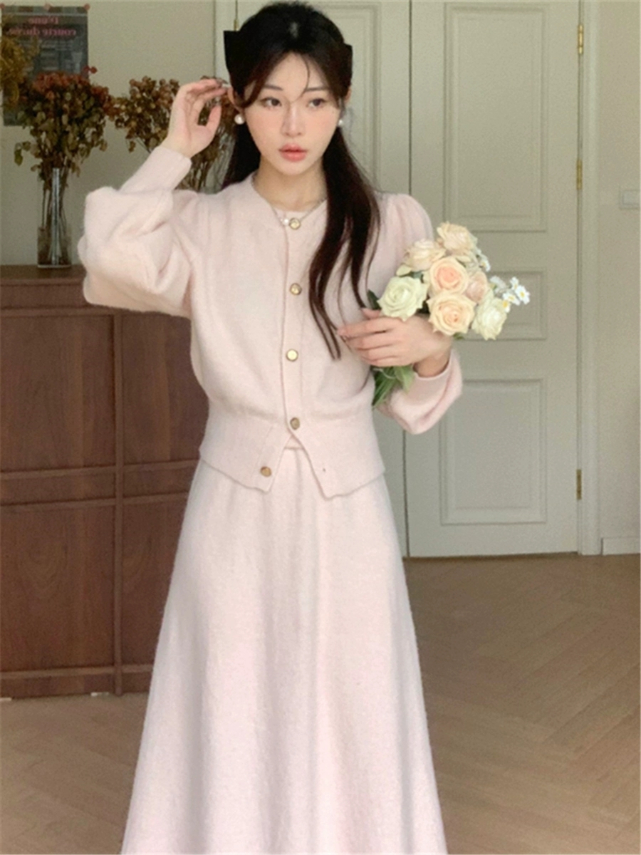 芝士定製◆秋冬晨霧時尚氣質小香風針織外套半身裙兩件套裝女修身