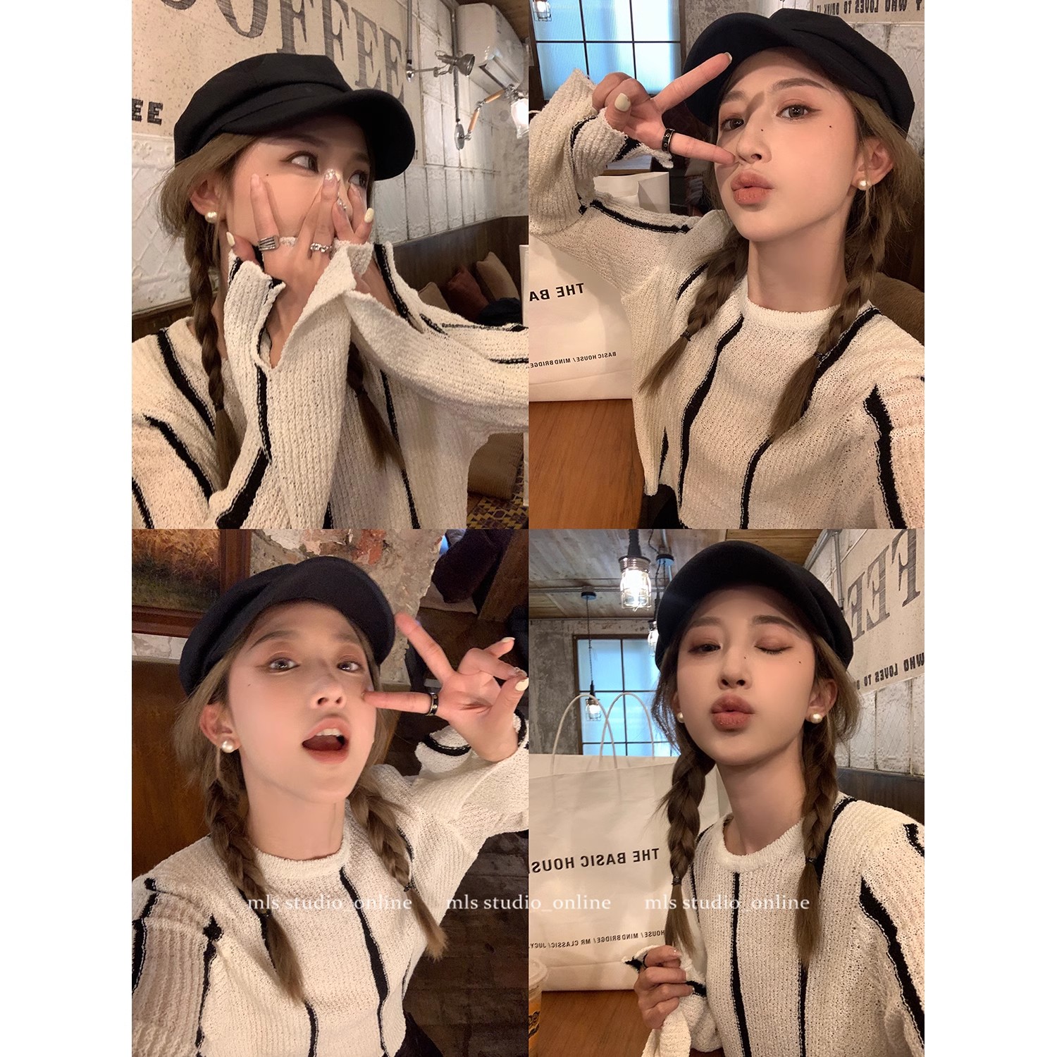 撞色條紋毛衣女秋慵懶風不規則設計感短款套頭長袖上衣