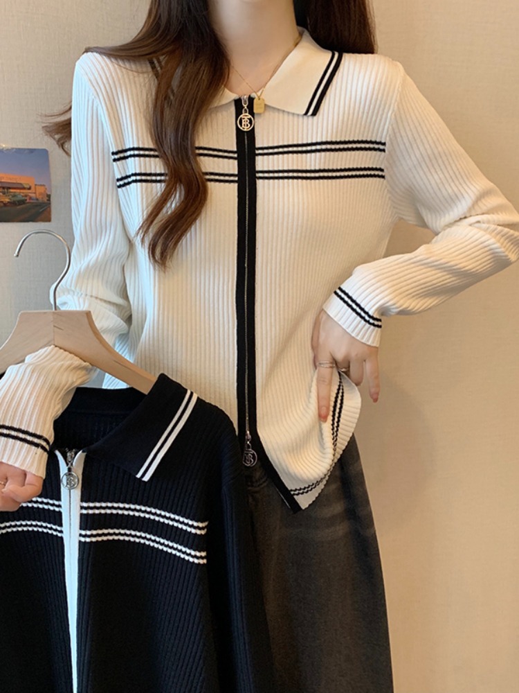 秋季新款小個子洋氣時尚拉鏈翻領針織衫開衫女小香風短款修身上衣