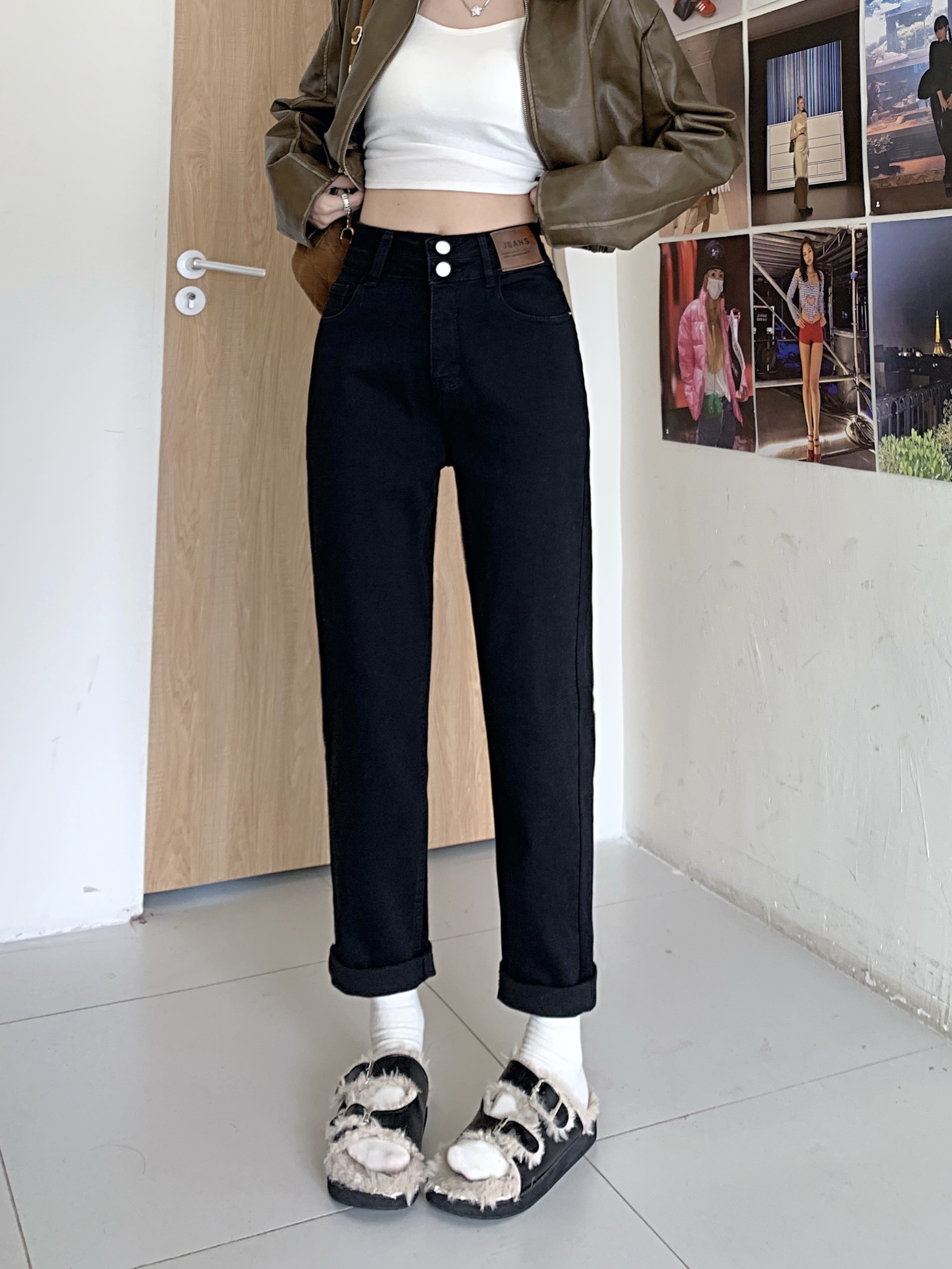 實拍秋冬款抓絨加厚黑色老爹褲高腰寬鬆顯瘦牛仔長褲女