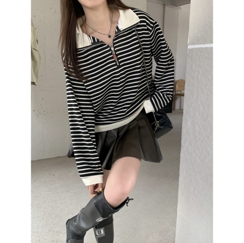 Real shot of original fabric polo collar sweatshirt for women petite short coat striped long-sleeved top pullover sweater