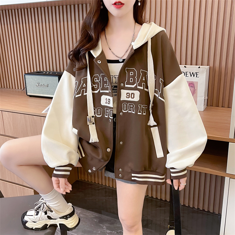 實拍 加絨寬鬆連帽棒球服外套女秋冬小眾撞色拼接卡通刺繡開衫