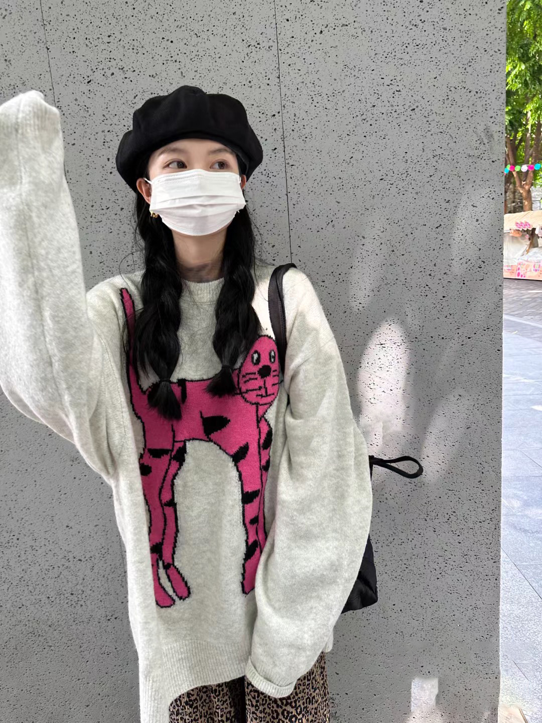 慵懶風毛衣女秋冬新款oversize趣味貓咪提花情侶針織衫上衣潮