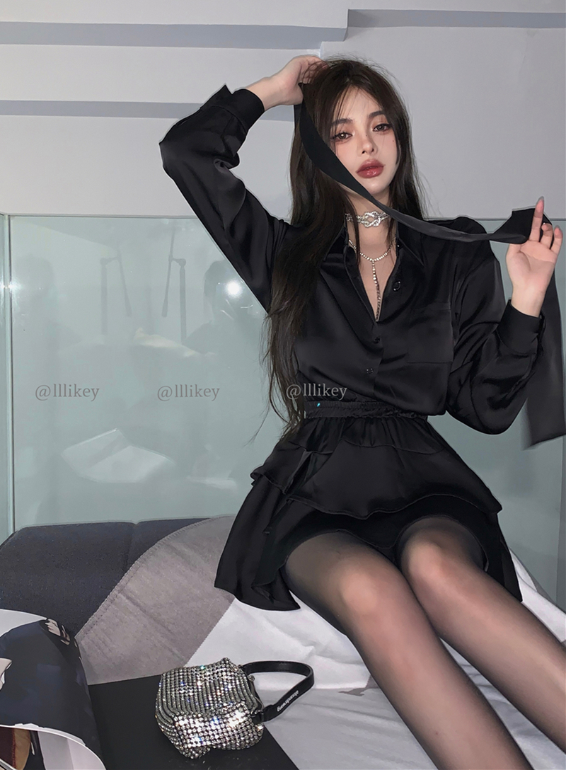實拍秋裝復古性感飄帶收腰長袖襯衫連衣裙女
