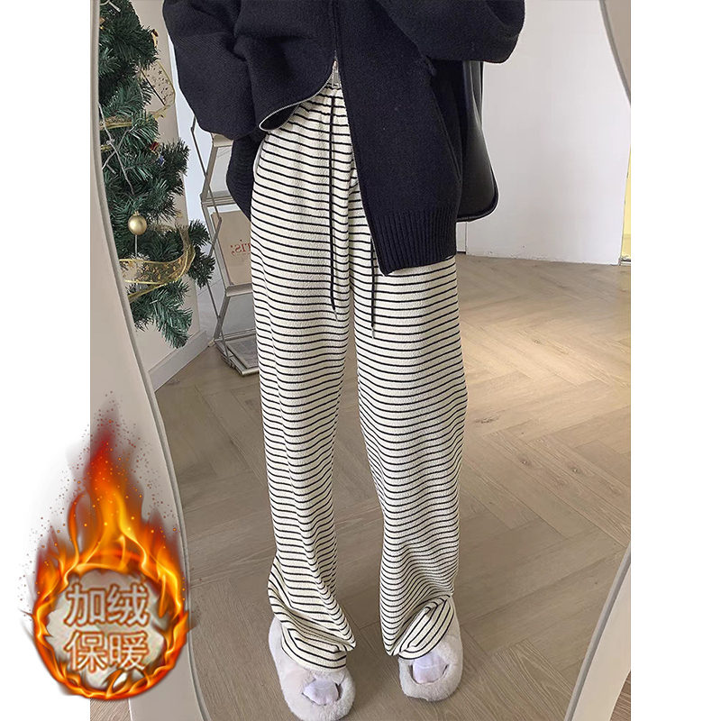 珠地條紋複合正超闊腿褲高腰條紋垂感休閒褲女褲子