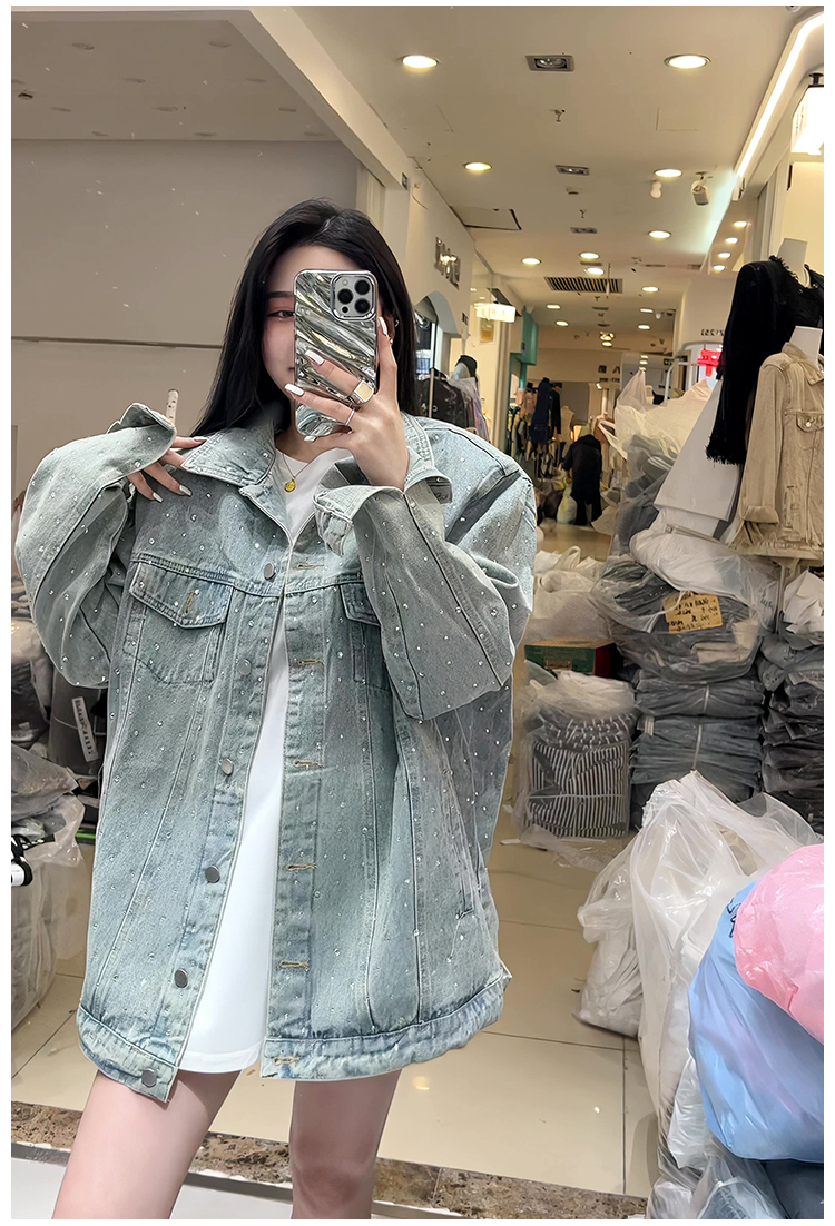 春秋新款設計感重工燙鑽牛仔外套女翻領寬鬆韓版百搭夾克上衣