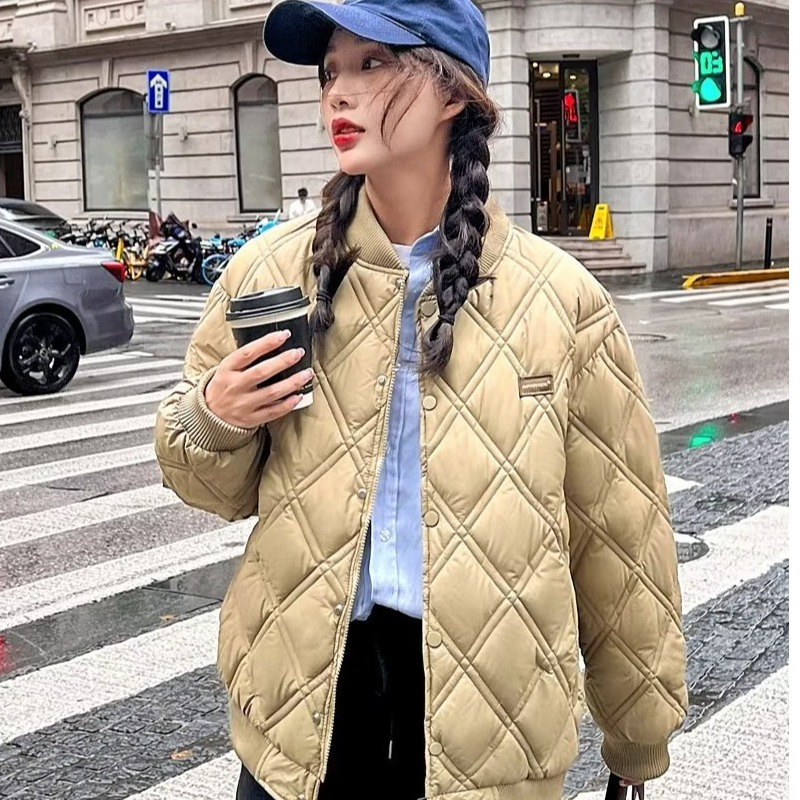 原版出貨 秋冬寬鬆設計感菱形格羽絨棉服小眾高級感棒球服男女