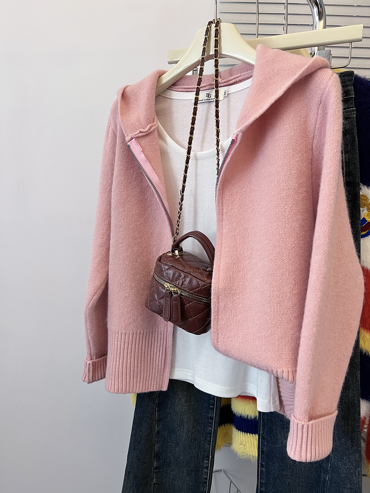 Actual photos-Autumn and winter outfit guide Korean style top pink double zipper hooded knitted cardigan coat sweater for women