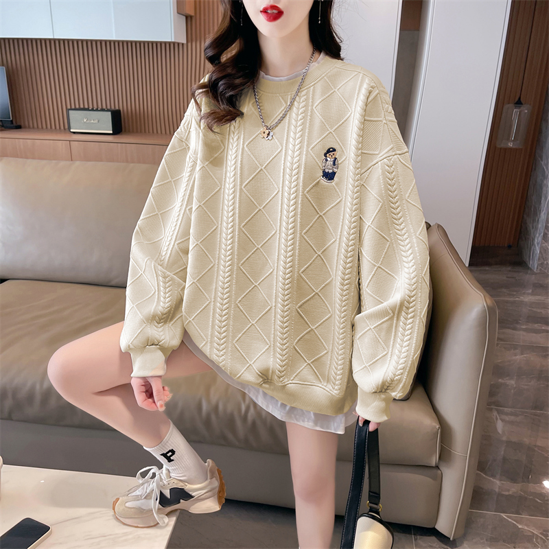 實拍 冬季韓版加絨加厚440克刺繡假兩件提花衛衣圓領外套女