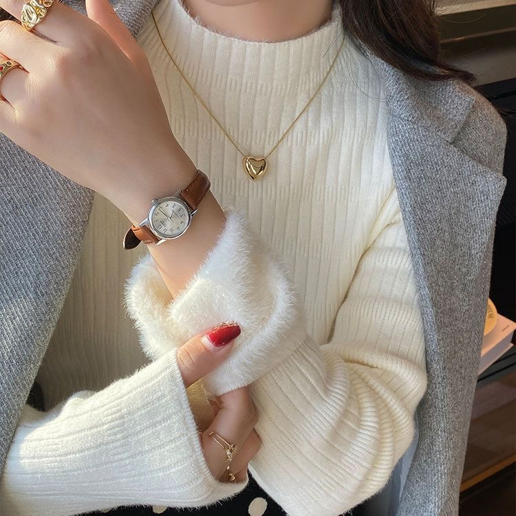 秋冬加絨毛衣女打底衫半高領加厚保暖內搭一體水貂絨針織白色上衣