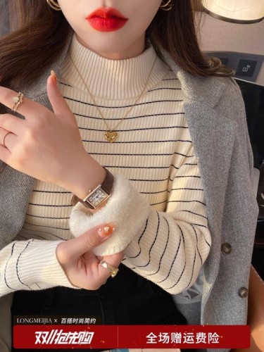 Half turtleneck plus velvet bottoming shirt for women in autumn and winter, long-sleeved thickened knitted top, slim one-piece velvet striped sweater