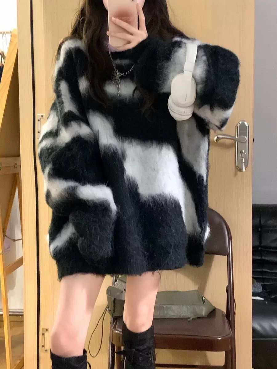優質馬海毛古着毛衣女秋冬小眾設計感日系復古慵懶風條紋針織上衣