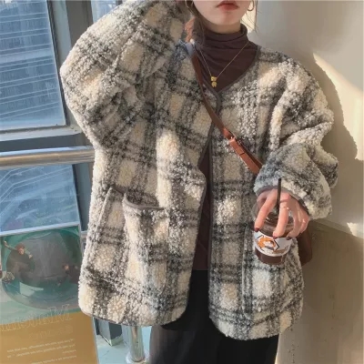 秋冬大碼女裝洋氣格子羊羔毛外套女胖MM減齡上衣M-4XL200斤