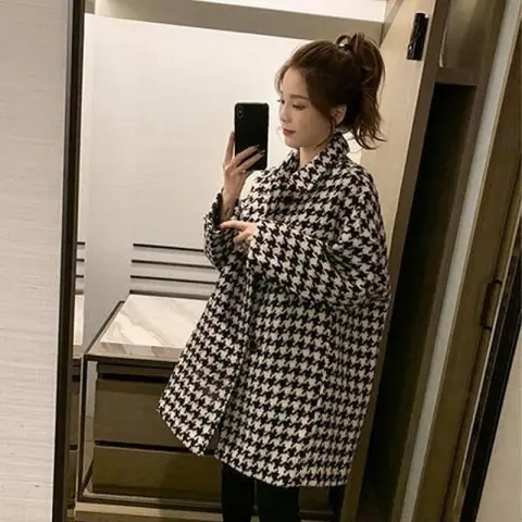 春鞦韆鳥格呢子大衣女秋冬新款中長款小個子韓版寬鬆毛呢外套