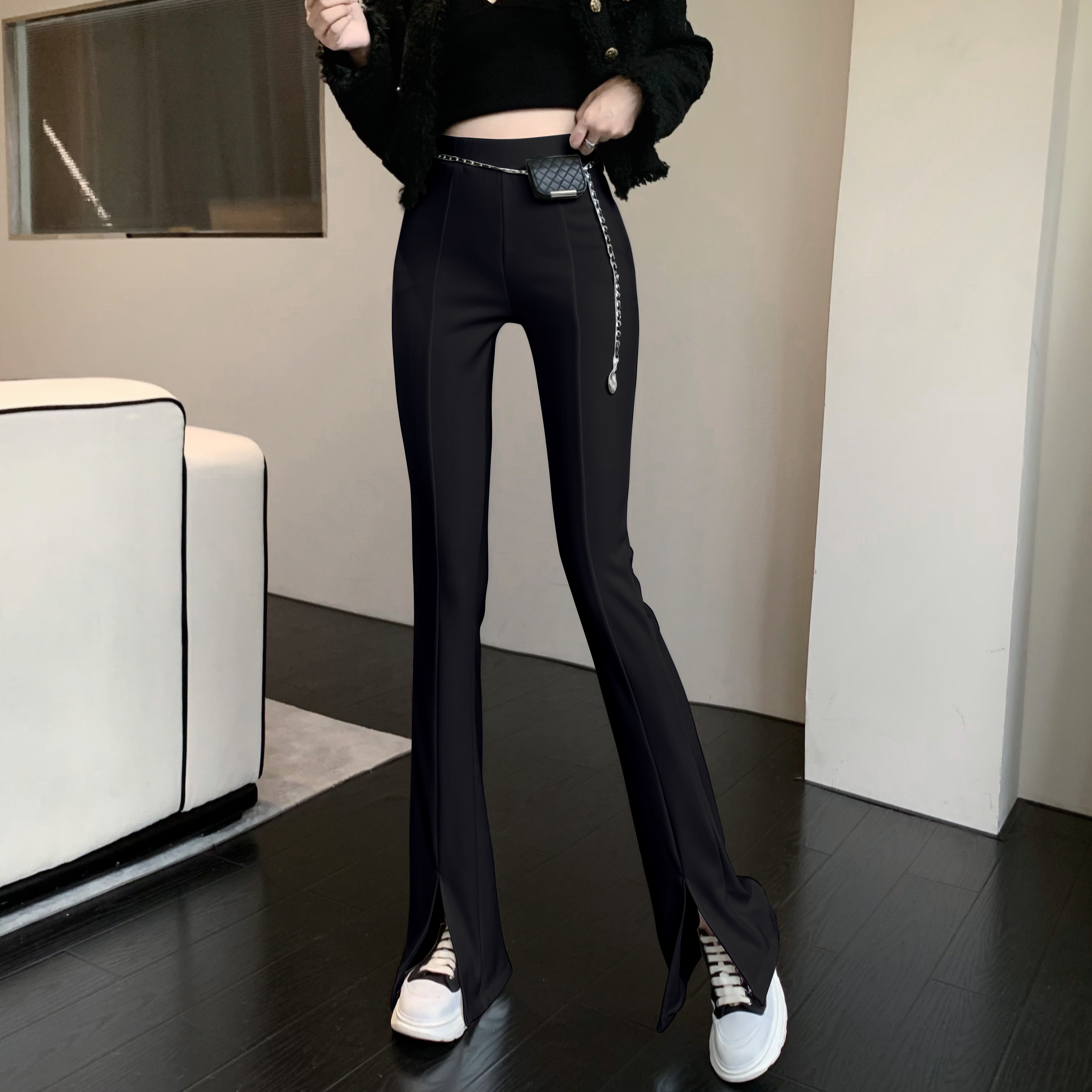 實拍休閒褲加絨加厚顯瘦彈力修身開叉微喇褲女