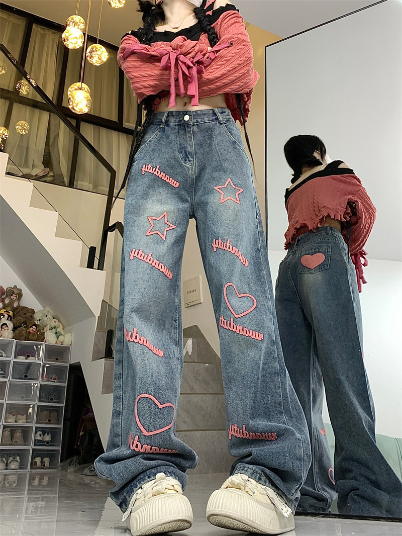 實拍！美式高街辣妹字母刺繡闊腿牛仔褲高腰寬鬆直筒拖地褲