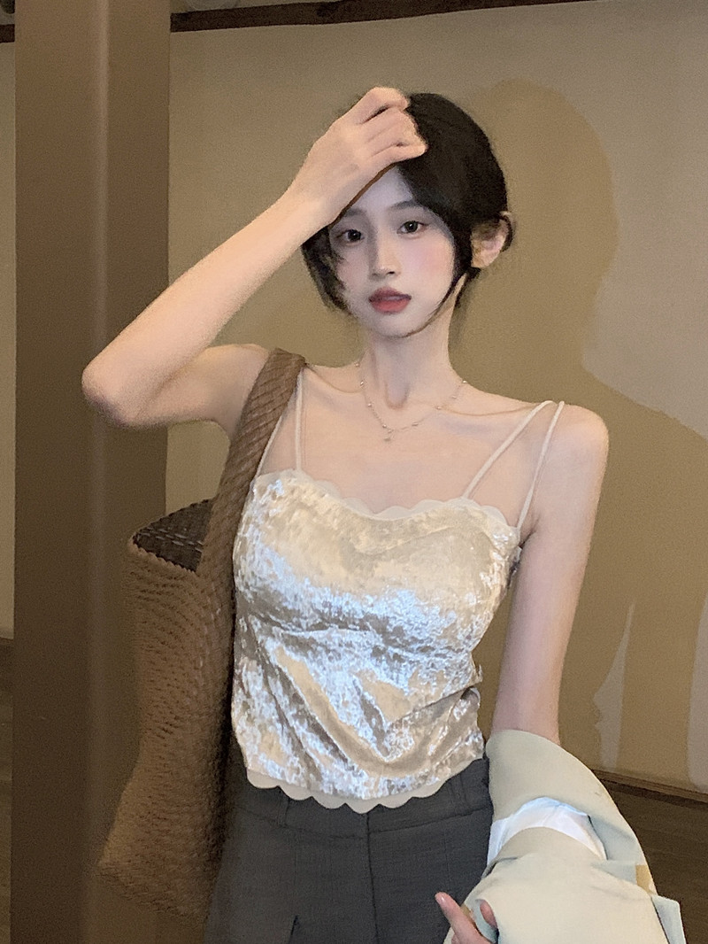 實拍~性感絲絨小吊帶背心女內搭秋冬2023新款純欲打底上衣