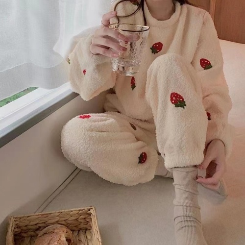 非实拍新款日系冬季双面法兰绒加厚甜美睡衣女家居服官方