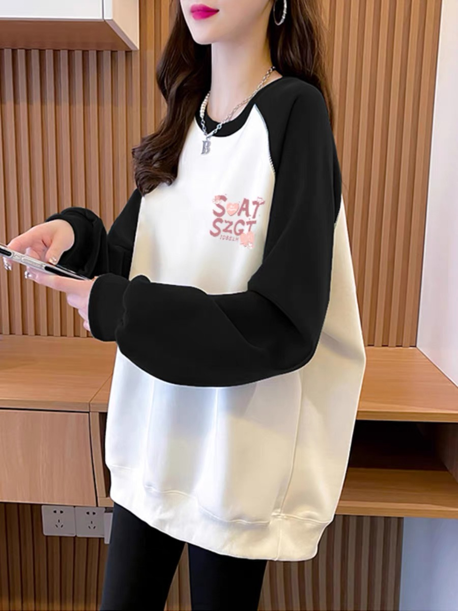 國潮圓領衛衣女大碼女裝2023新款寬鬆設計感春秋潮牌插肩袖外套