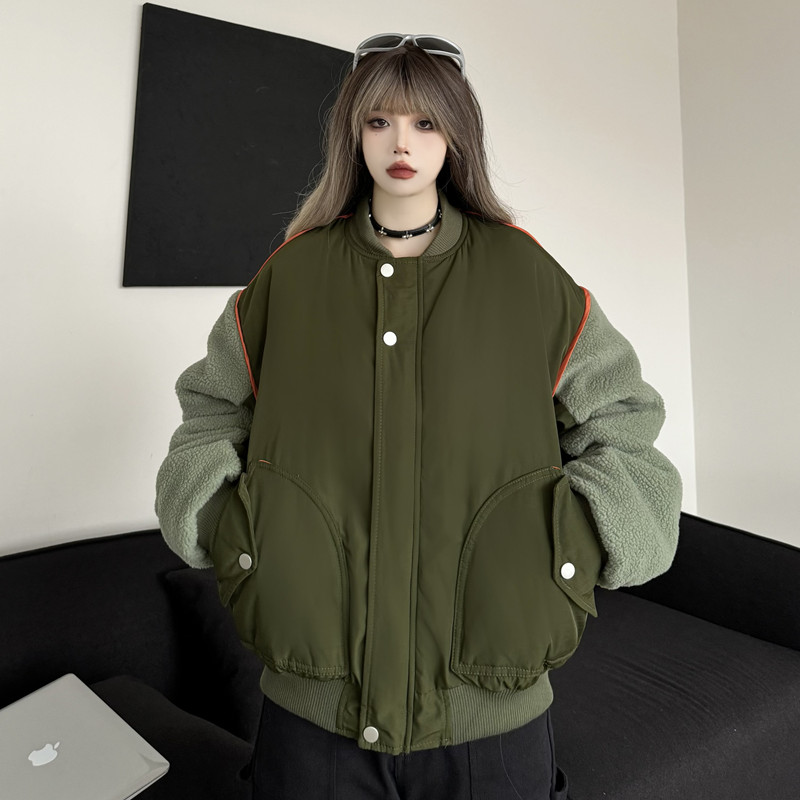 實拍#復古飛行員夾克棉服女2023冬新款搖粒絨拼接棉衣加厚棒球服
