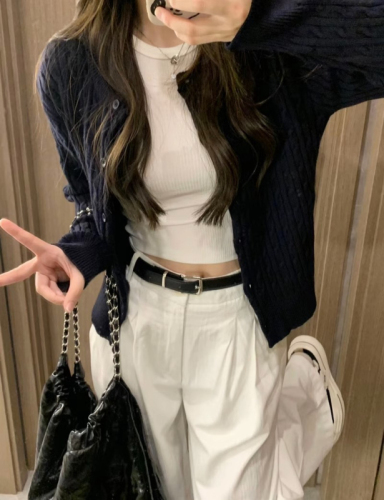 Navy Blue Knitted Cable-Knit Mini Cardigan for Women |  Autumn/Winter New Arrival | Lazy-Style Korean-Design Short Sweater Coat Top