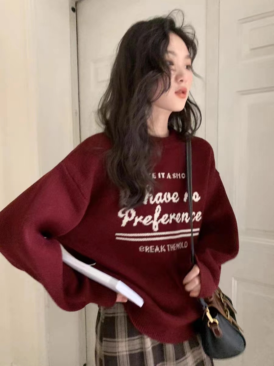你好卡農 原創字母提花毛衣女秋季新款復古圓領套頭慵懶針織上衣