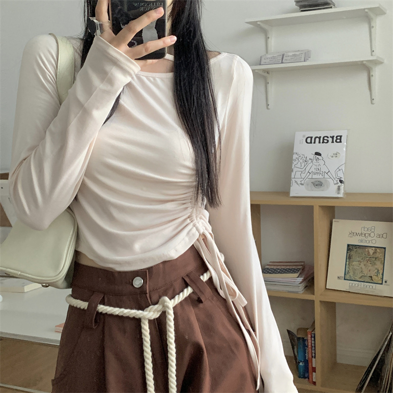 辣妹露肩掛脖抽繩長袖t恤女早秋季設計感小心機別致顯瘦短款上衣