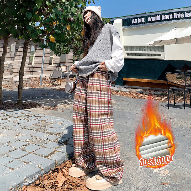 Real shot of retro loose wide-leg pants plus velvet and thickened straight plaid trendy casual pants for women & long trousers
