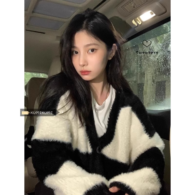 水貂絨條紋毛衣外套女秋冬韓系溫柔軟糯寬鬆慵懶風軟糯V領開衫潮