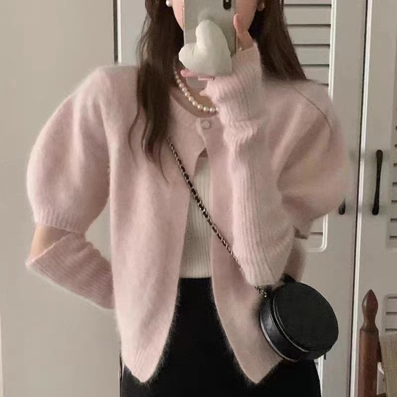 韓國chic秋冬溫柔甜美圓領一粒扣寬鬆百搭泡泡袖針織毛衣配袖套女