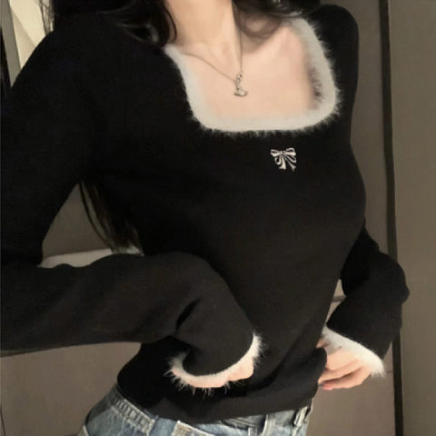 加厚德絨  時尚超火方領長袖打底衫女高級感軟糯休閒內搭上衣潮