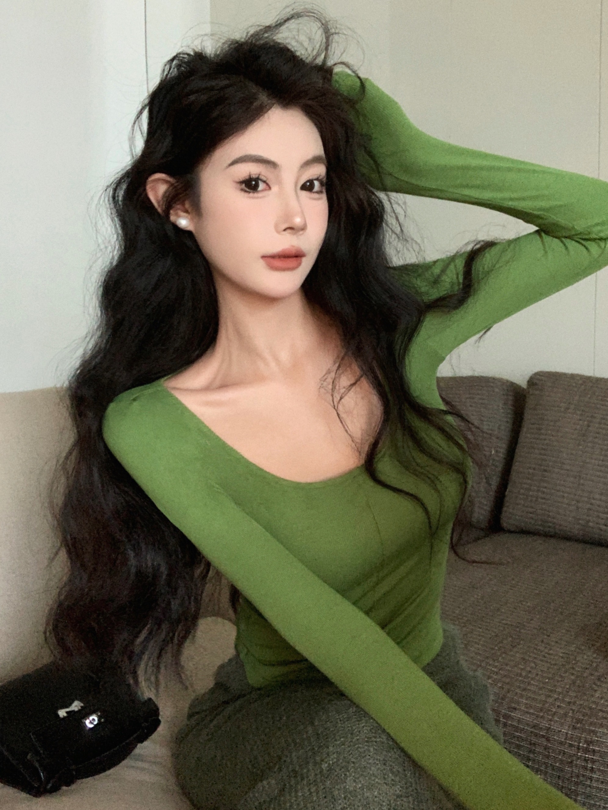 實拍 法式復古氣質u領打底衫修身顯瘦上衣高腰針織顯瘦半身裙