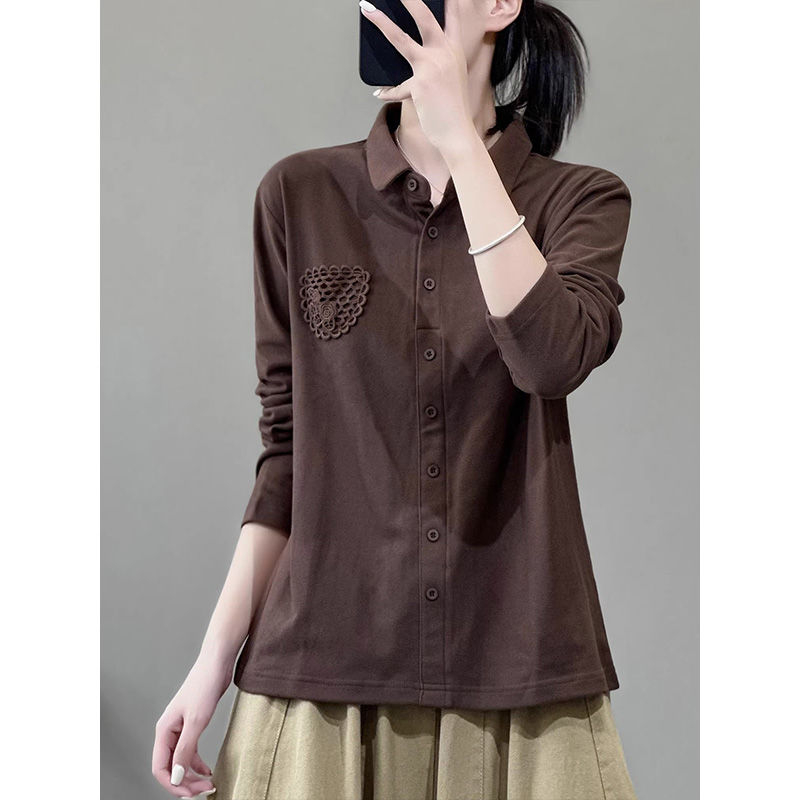 DeRong shirt women's lace patch temperament casual loose slim long-sleeved shirt women's solid color versatile