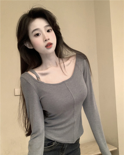 Actual shot ~ Large U-neck shoulder bag design autumn slimming pullover bottoming long-sleeved top for women