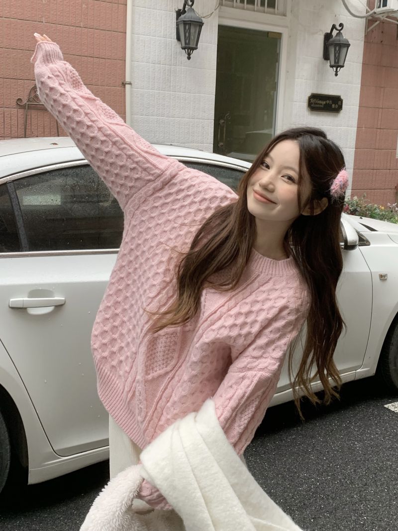 實拍三標齊寬鬆慵懶風小眾麻花長袖圓領套頭毛衣女