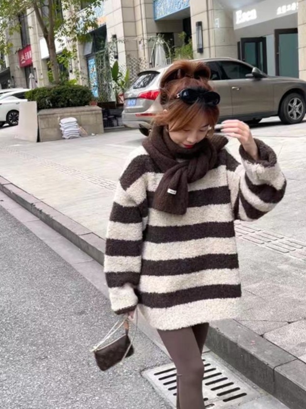 圓領套頭軟糯條紋毛衣女秋冬外穿寬鬆慵懶風加厚中長款針織衫上衣