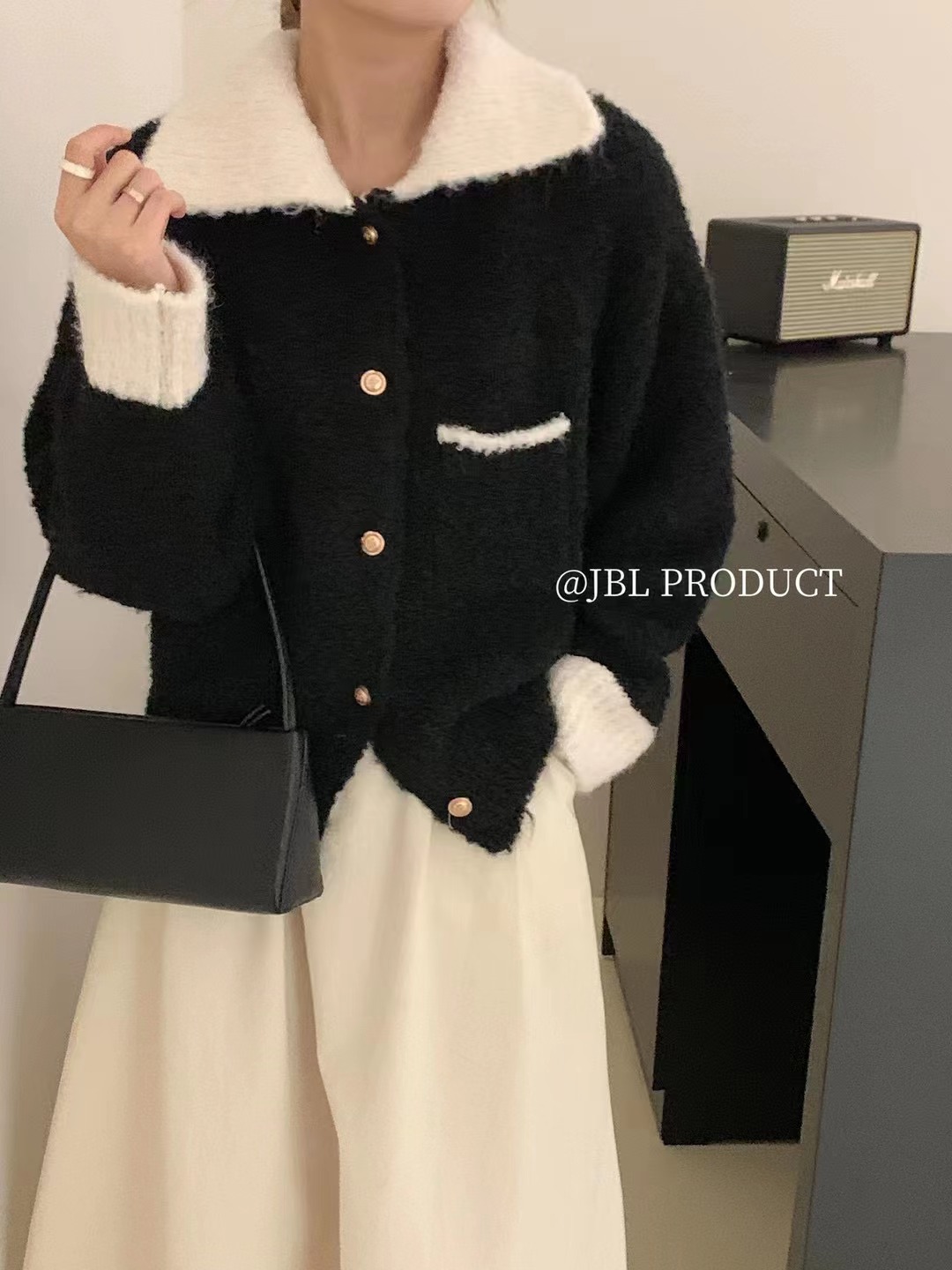 黑色小香風翻領針織開衫毛衣女春秋季新款軟糯含羊毛短款外套上衣