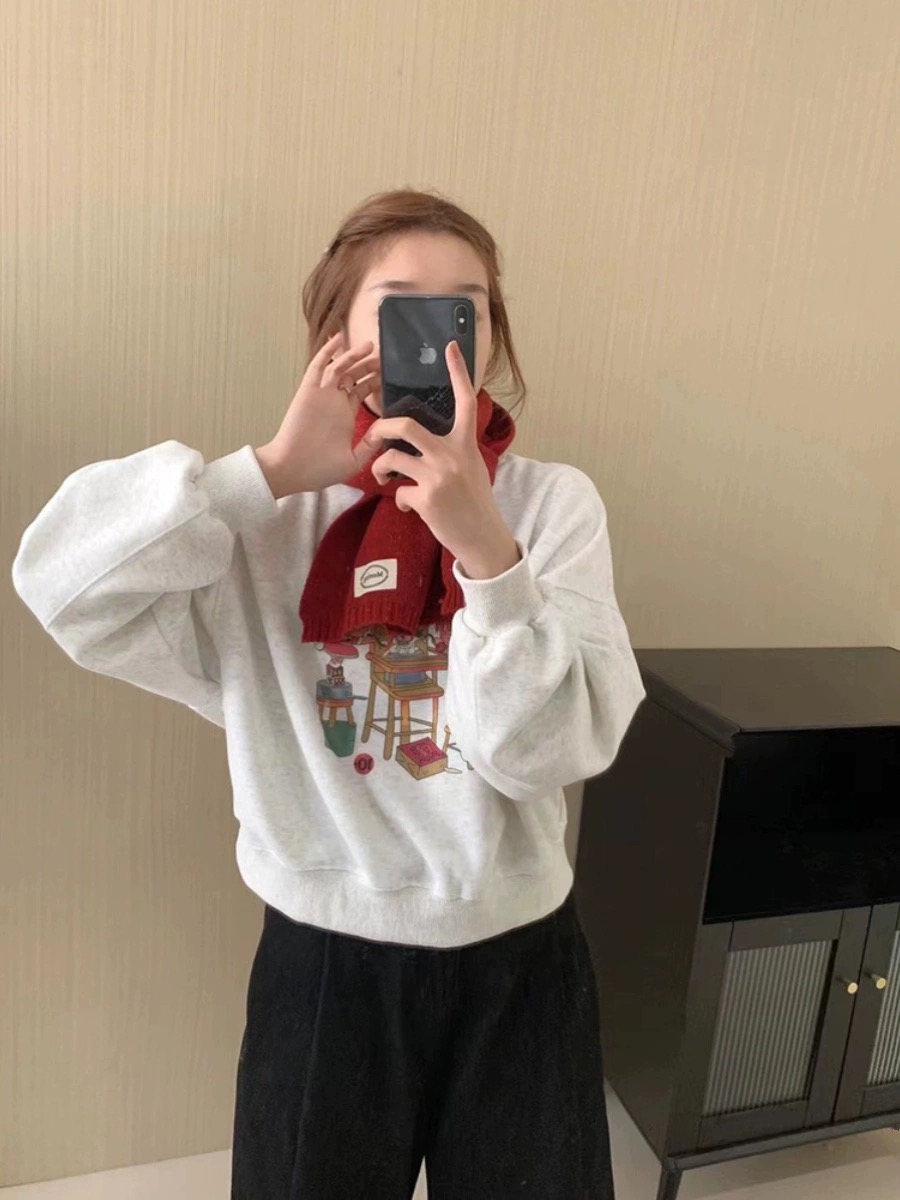 純棉複合 小個子短款衛衣女秋冬裝寬鬆慵懶風長袖圓領上衣
