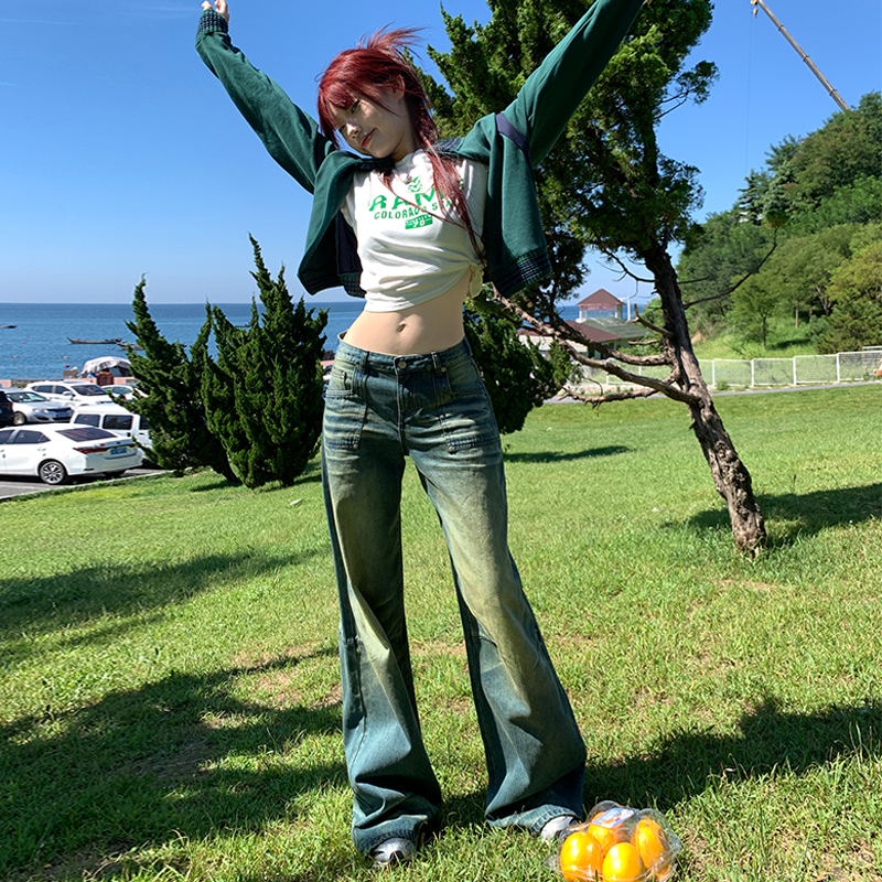 實拍City walk大碗島的星期天 藍綠水紋水洗風格闊腿牛仔