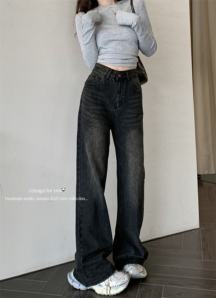 實拍 ~美式復古水洗黑灰色牛仔褲女高腰顯瘦垂感闊腿拖地長褲